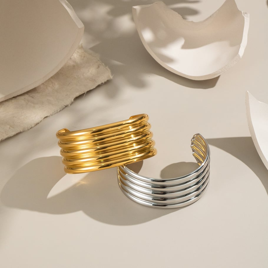 1 Piece Stripe Stainless Steel Gold Color Cuff Bracelet h5Picture2