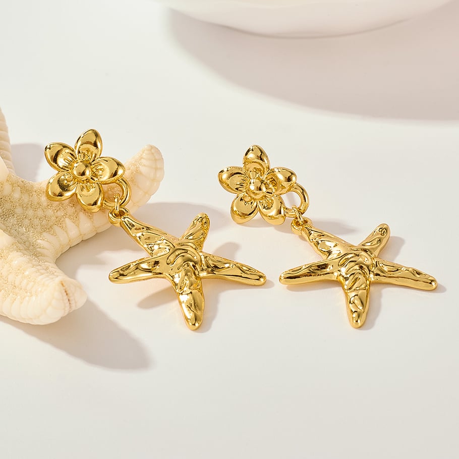 1 paio di orecchini pendenti da donna in acciaio inossidabile color oro a forma di stella marina h5Immagine6