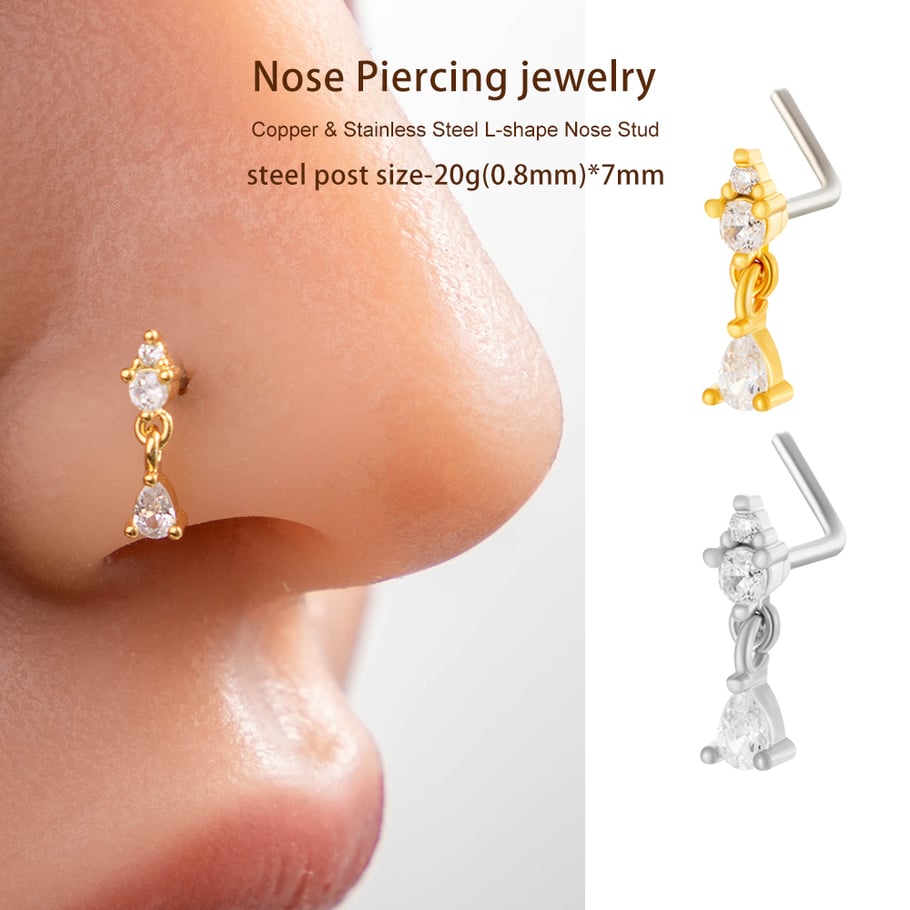 1 pièce de piercing de nez en forme de goutte en cuivre doré et zircon pour femme Image4
