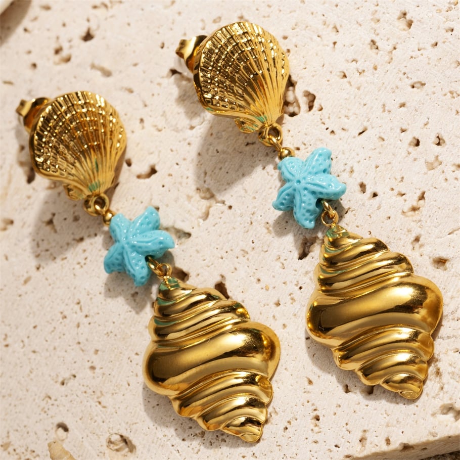 1 par de pendientes colgantes de acero inoxidable de color dorado Imagen3