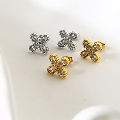 Romantic Series Elegant Flower Stainless Steel   Gold Color  Zircon Women's Stud Earrings h5 Picture3