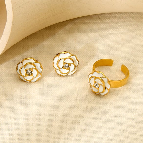 Luxurious  Elegant Flower Stainless Steel   Gold Color  Rings Display Set