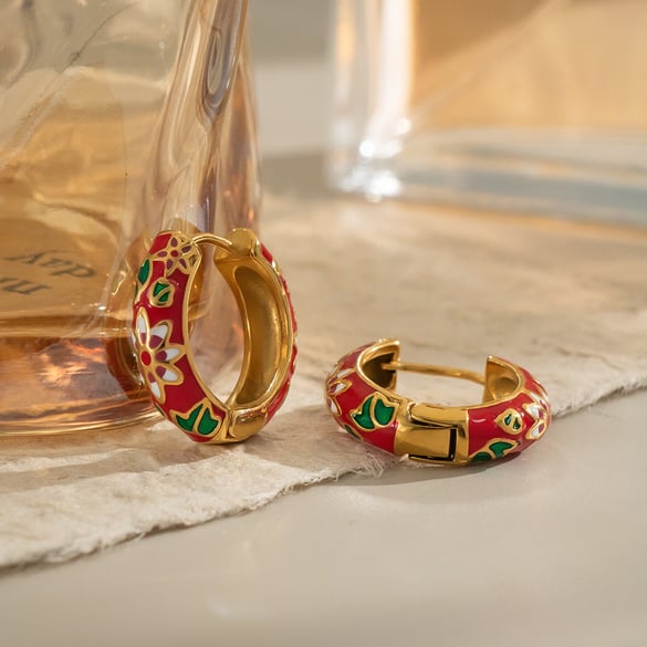 1 Pair Romantic Flower Stainless Steel Gold Color Hoop Earrings 2