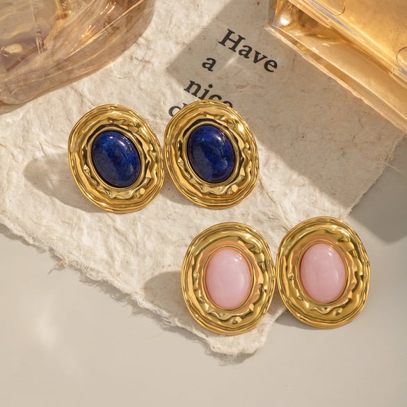 1 Pair Classic Stainless Steel Gold Color Natural Stone Stud Earrings