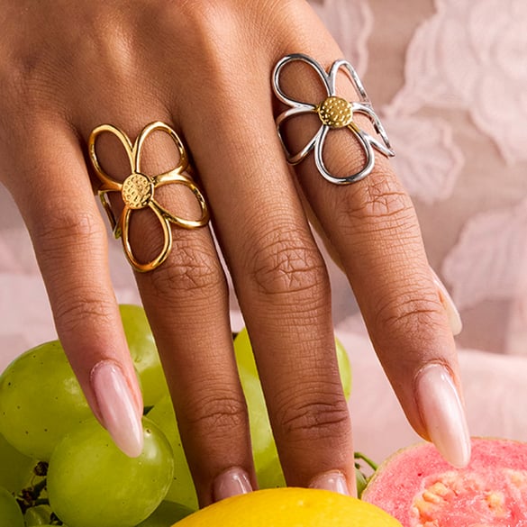 1 Piece Exquisite Flower Stainless Steel Gold Color Statement Rings 2
