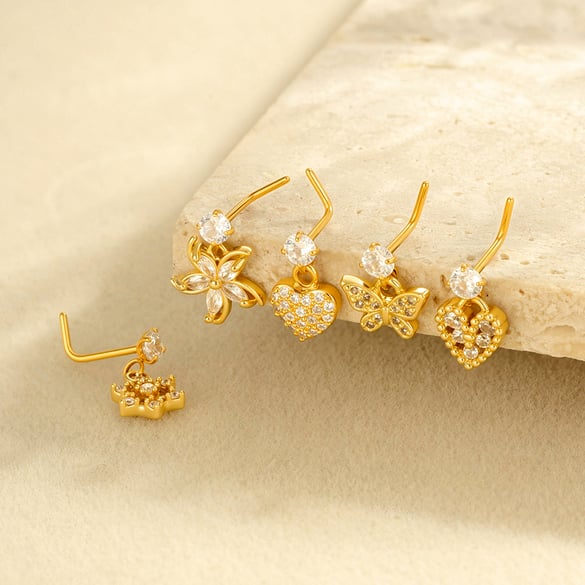 1 Pair Simple Series Simple Heart Copper   Gold Color  Zircon Women's Nose Stud