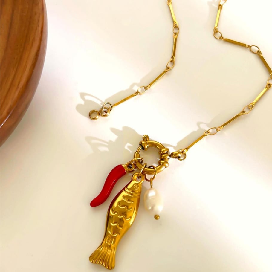 Collana con ciondolo a forma di pesce in acciaio inossidabile color oro, 1 pezzo Immagine4