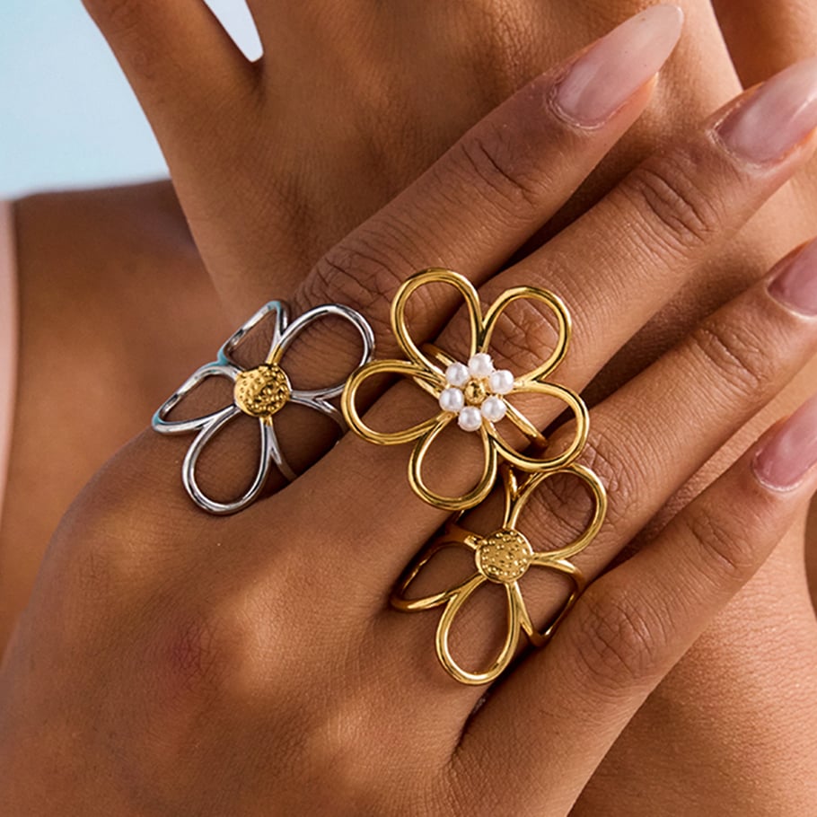Bague de déclaration exquise en acier inoxydable couleur or avec fleur, 1 pièce Image2