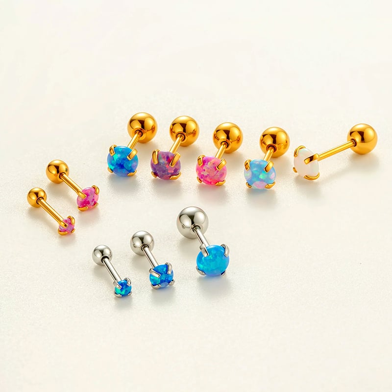 Boucles d&#39;oreilles piercing pour femme en acier inoxydable couleur or avec opale polychrome Image4