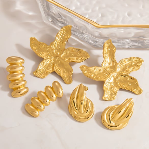Geometric Stainless Steel Gold Color Natural Stone Women's Stud Earrings