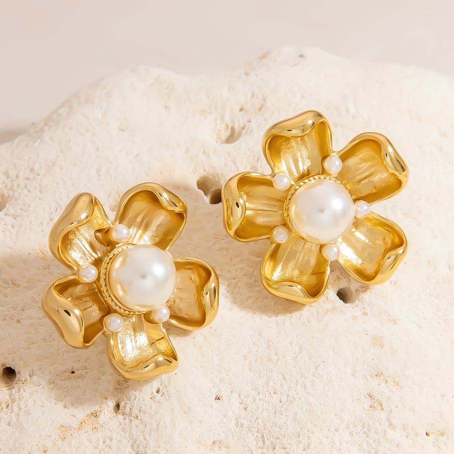 1 paio di orecchini a bottone in acciaio inossidabile color oro con fiore romantico Immagine4