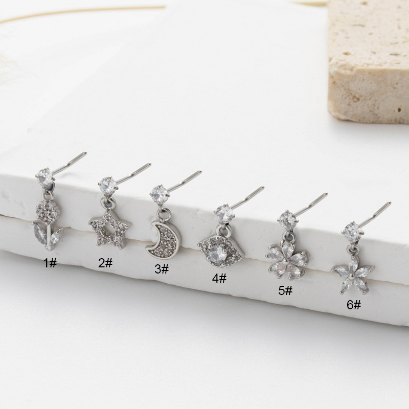 1 paire de piercings de nez pour femme, série Simple, motif soleil/lune, cuivre, or et zircon Image5