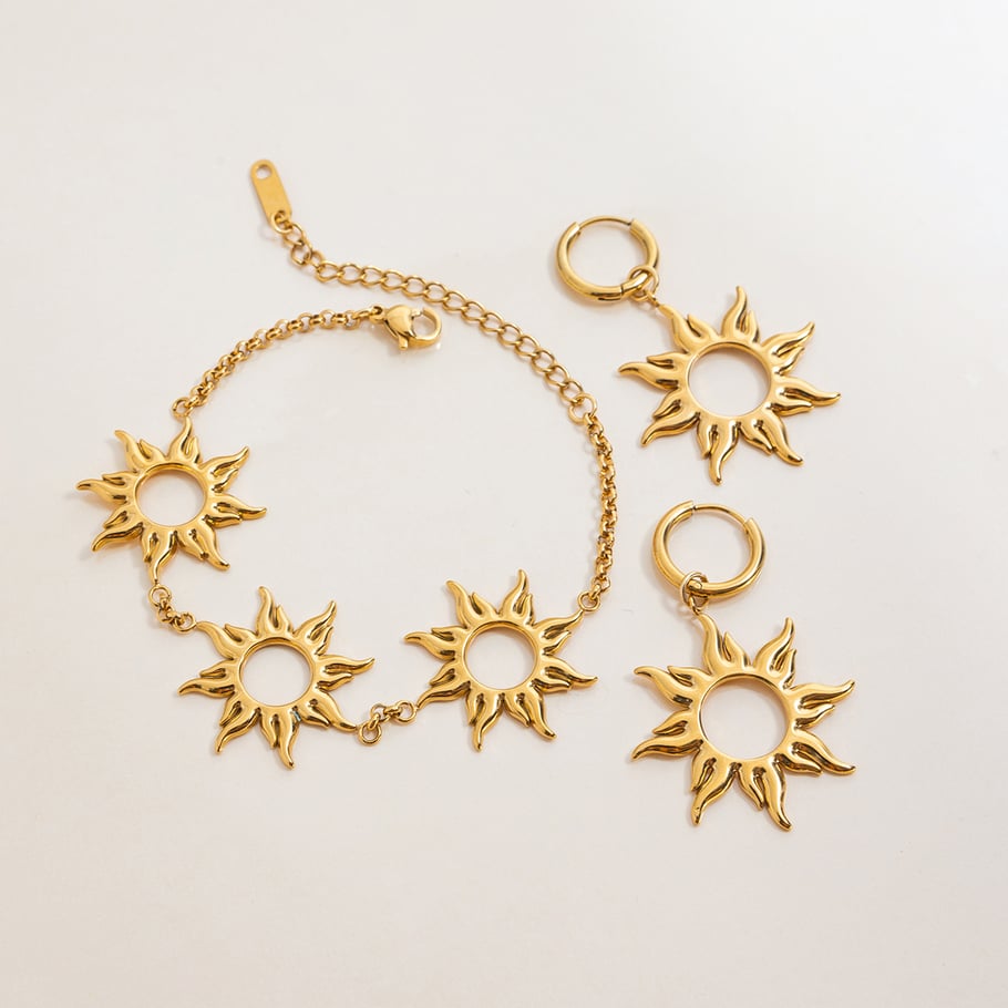 1 paire de boucles d&#39;oreilles créoles pour femme en acier inoxydable couleur or, série Classic Sun Image2