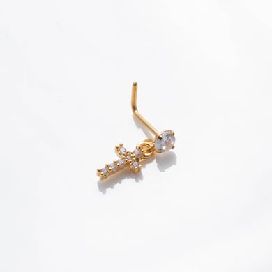 1 paire de piercings de nez pour femme, série Simple, croix simple, cuivre, couleur or, zircon h5 Image6