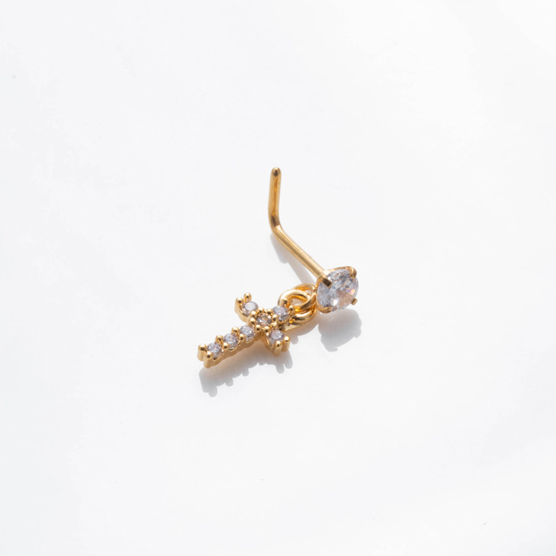 1 paire de piercings de nez pour femme, série Simple, croix simple, cuivre, couleur or, zircon Image6