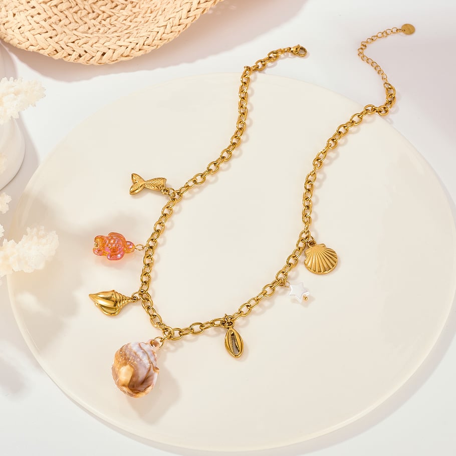 Collar con colgante de caracola de vacaciones de acero inoxidable color dorado para mujer, 1 pieza h5Imagen4