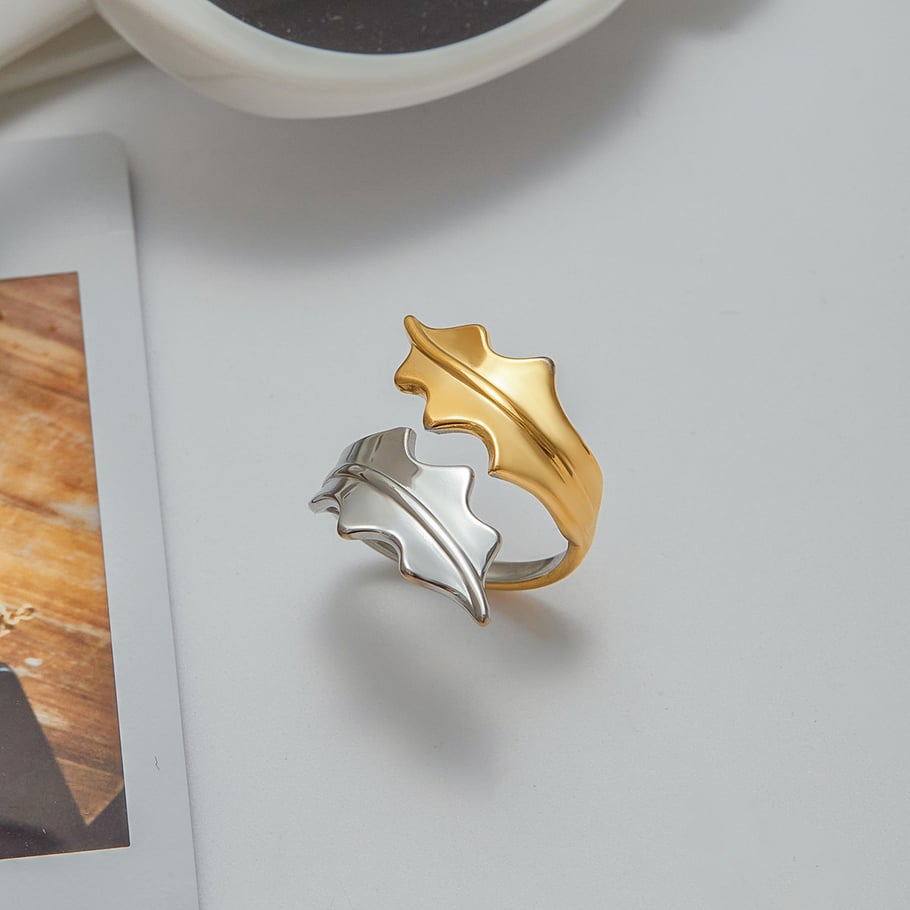 1 Piece Designable Series Natural Leaf Stainless Steel Gold Color Statement Rings h5Picture5