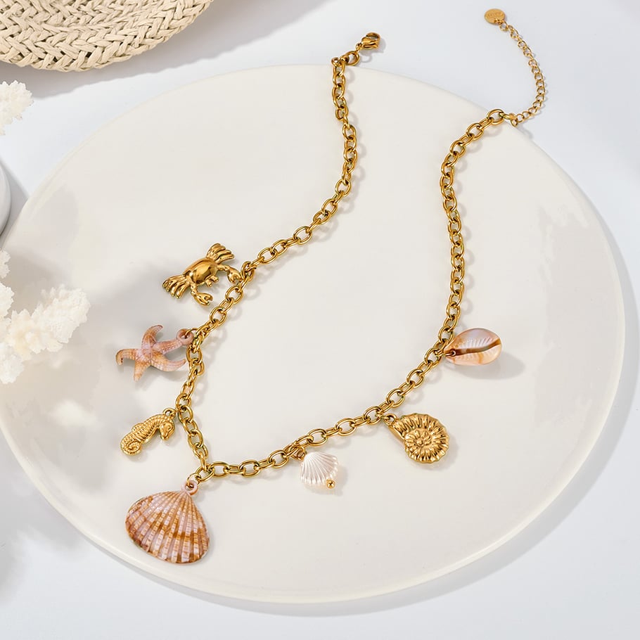 1 pezzo di collana con ciondolo da donna in acciaio inossidabile color oro con organismo oceanico Immagine7