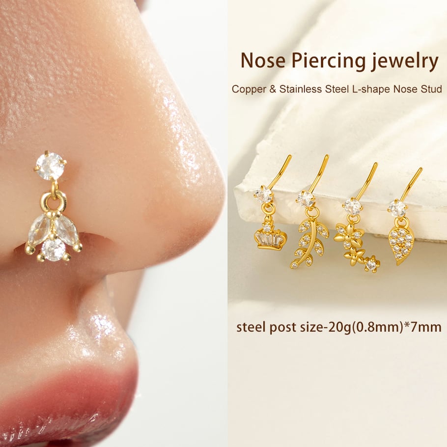 1 paire de piercings de nez pour femme, série Simple, fleur simple, cuivre, couleur or, zircon Image5