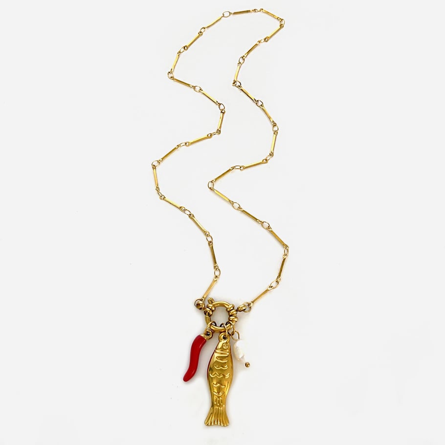 Collana con ciondolo a forma di pesce in acciaio inossidabile color oro, 1 pezzo Immagine5