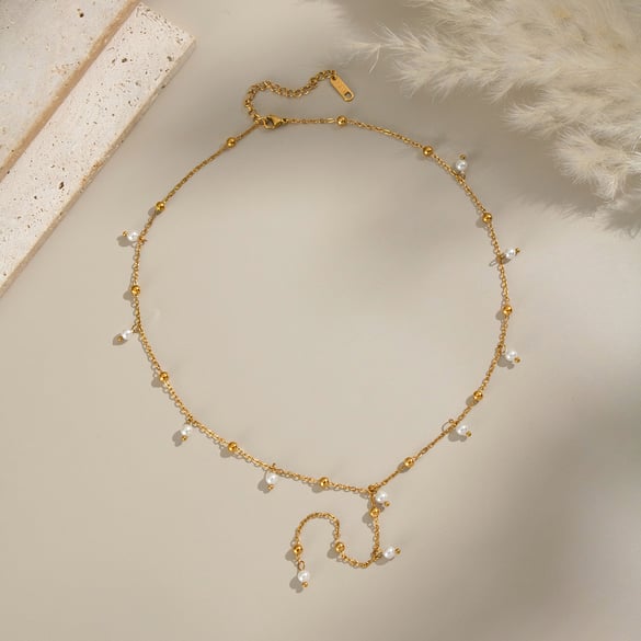 1 Piece Stainless Steel Gold Color Pearl Beaded Necklace 2