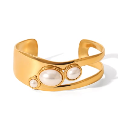 1 Paar Simple Series Tägliche Edelstahl Goldfarbene Perlen Damen Armreifen h5 