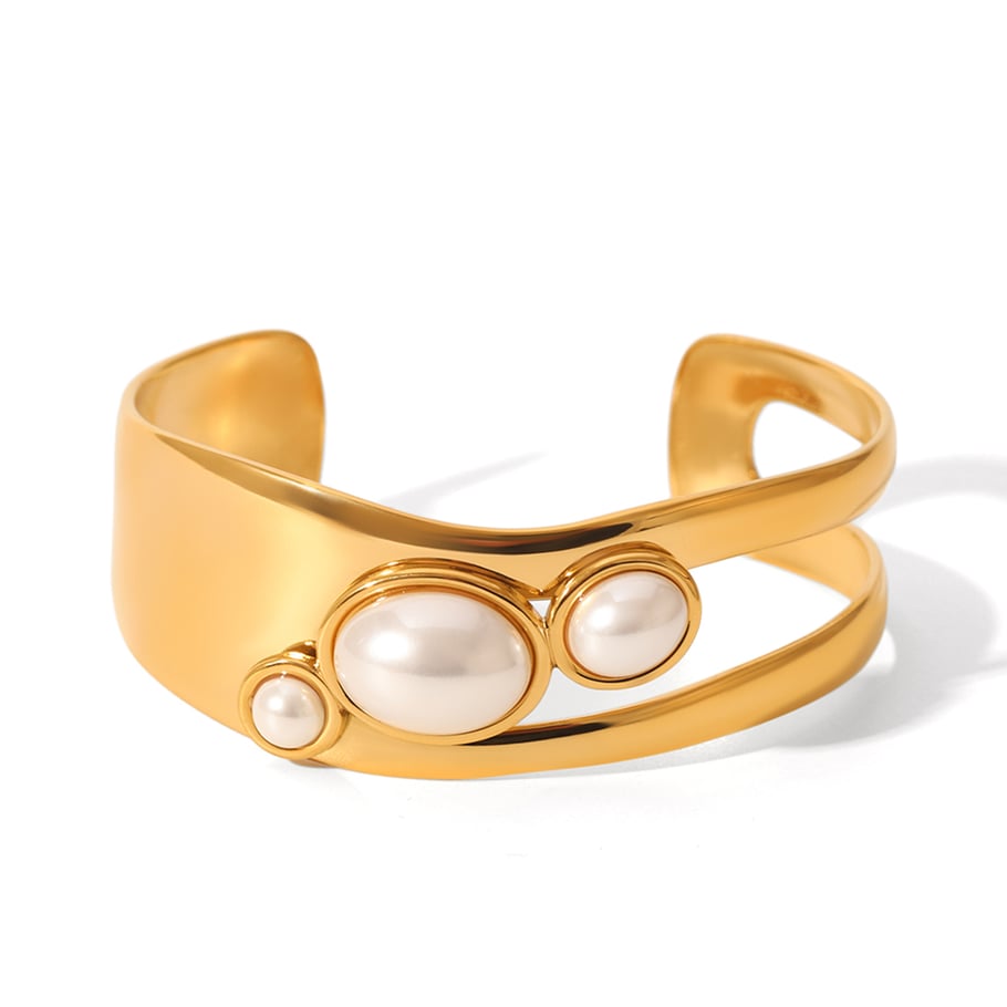 1 Paar Simple Series Tägliche Edelstahl Goldfarbene Perlen Damen Armreifen 