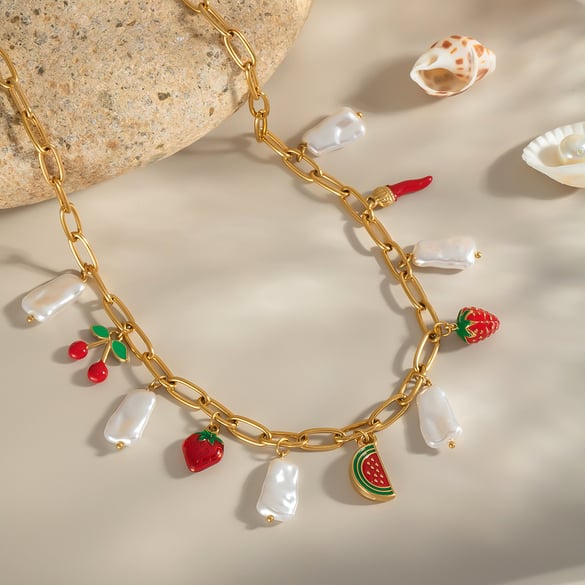 Collier avec pendentif en forme de fruit sucré en acier inoxydable couleur or, 1 pièce