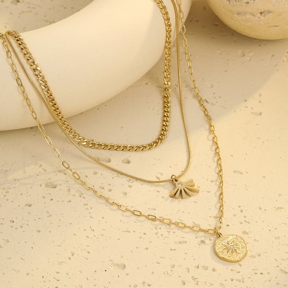 Luxurious  Elegant Sun Stainless Steel Gold Color Women's Layered Necklaces