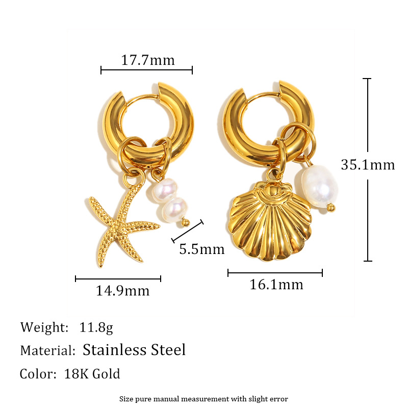 1 par de pendientes colgantes dorados con forma de concha oceánica para mujer Imagen4