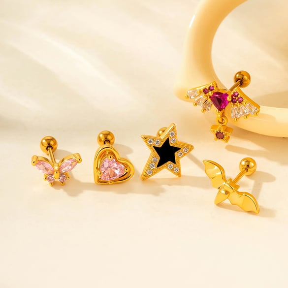 Pendientes de botón de acero de titanio con circonita y corazón brillante para mujer (1 pieza) 2