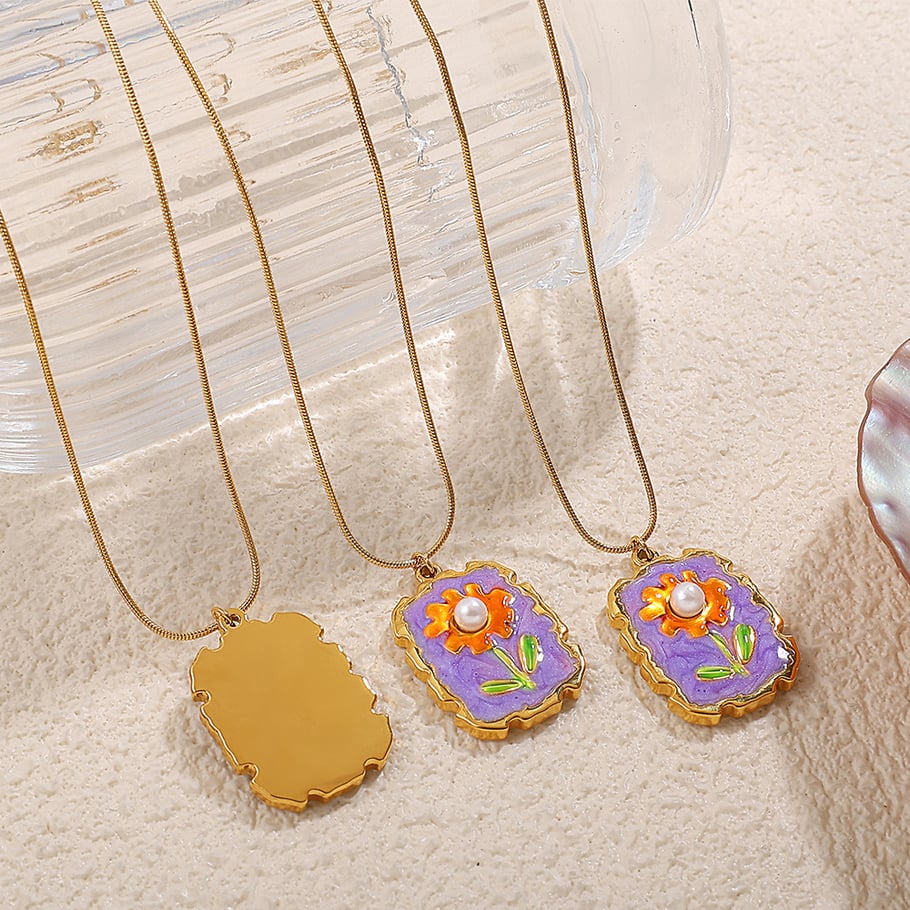 1 Piece Enamel Flower Stainless Steel Gold Color Pendant Necklace Picture3