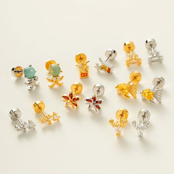 1 Piece Oceanic Copper Gold Color Zircon Piercings Earrings