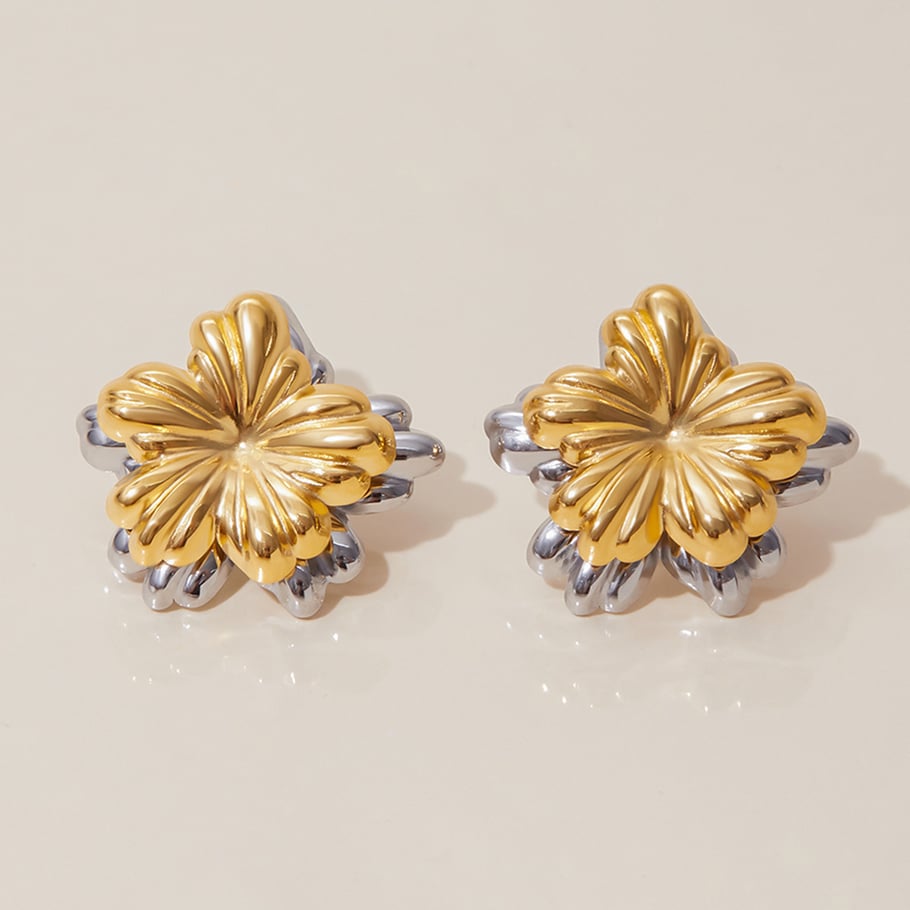 1 par de pendientes de botón de acero inoxidable dorados con diseño de flores de la serie clásica para mujer Imagen4