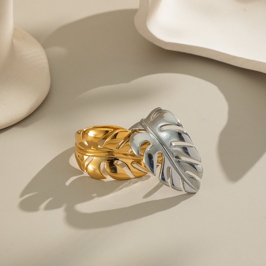 1 Piece Leaf Shape Stainless Steel Gold Color Statement Ring h5Picture2