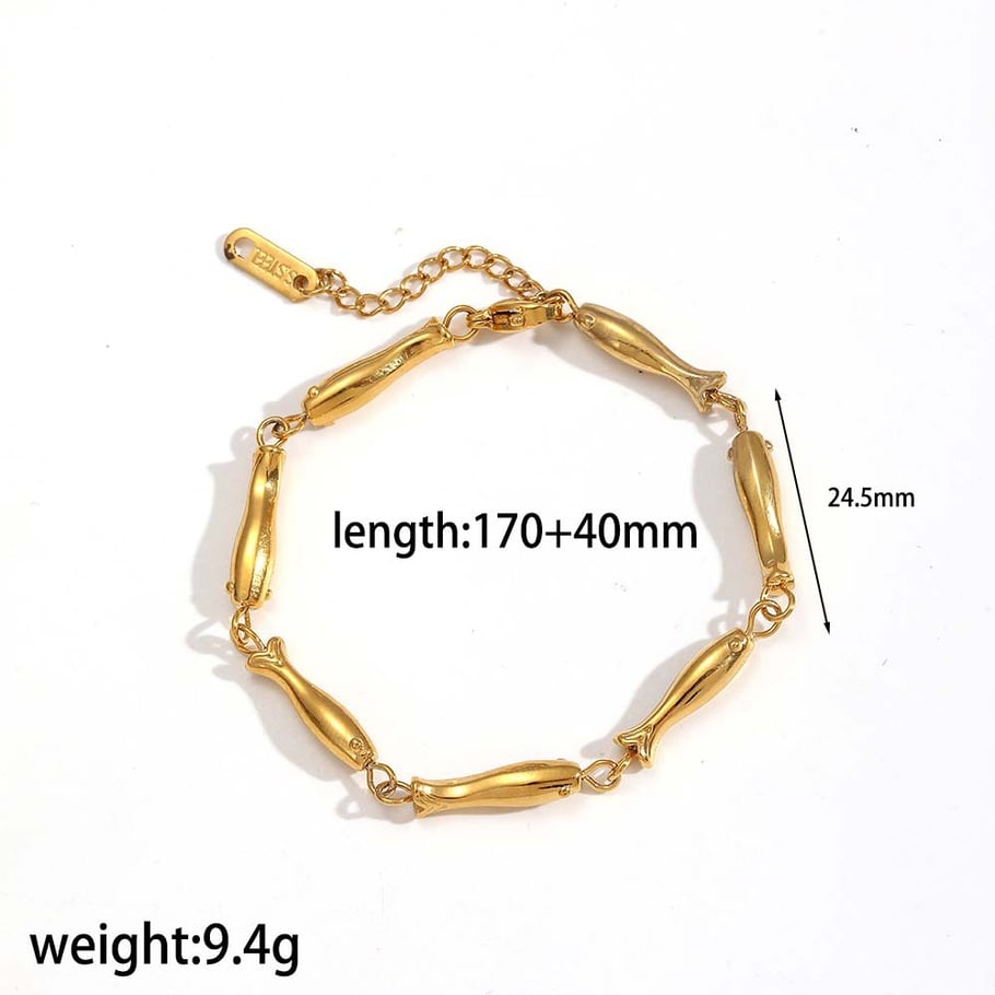 Pulsera de cadena de acero inoxidable color dorado con forma de pez de 1 pieza 