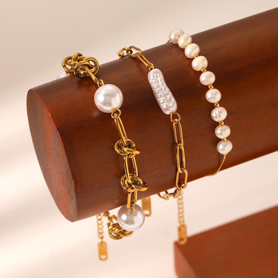 1 Paar Simple Series Daily Beads Edelstahl Goldfarben Perlen Damen Perlenarmbänder Bild7
