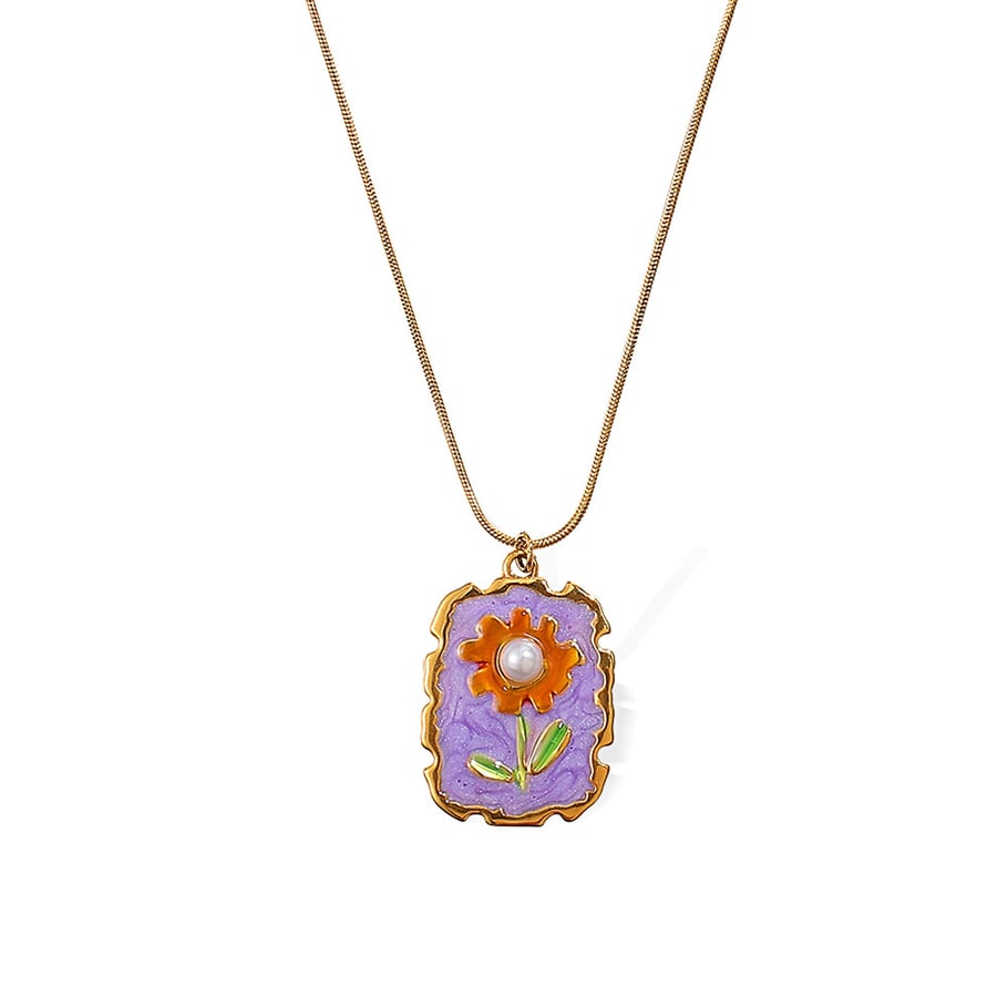 1 Piece Enamel Flower Stainless Steel Gold Color Pendant Necklace Picture4
