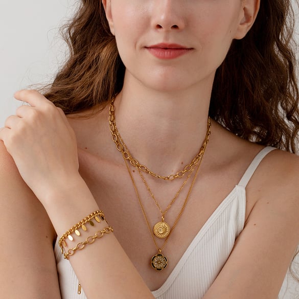 Classic Series Retro Sun/Moon Stainless Steel  Gold Color  Pendant Necklaces
