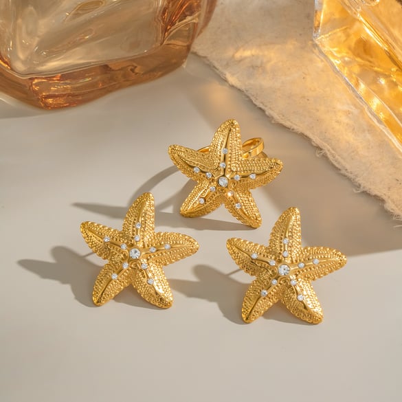 Seestern-Ohrring-Set aus Edelstahl in Goldfarbe