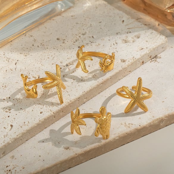 1 Piece Oceanic Stainless Steel Gold Color Statement Ring 2