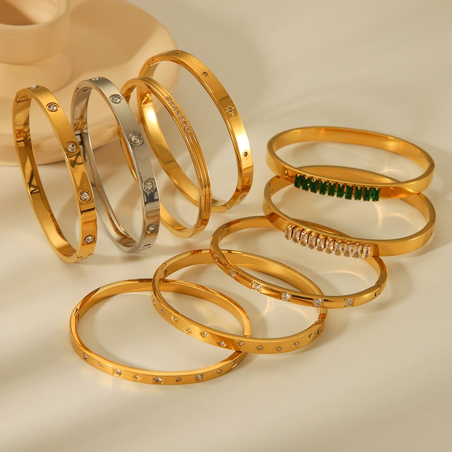 1 Pair Simple Series Daily Geometric Stainless Steel   Gold Color  Zircon Women's Bangles Picture7