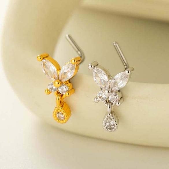 1 Piece Butterfly Copper Gold Color Zircon Women's Nose Stud 2