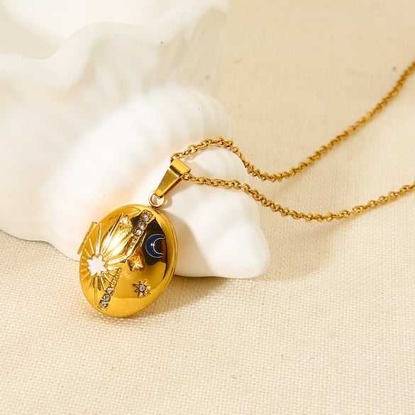 Retro Sonne/Mond Edelstahl Gold Farbe Anhänger Halsketten