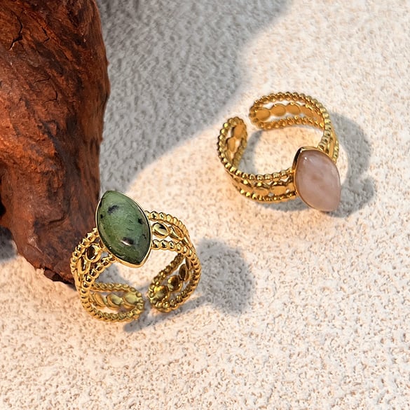 1 Stück Naturstein Edelstahl Goldfarben Ring 2