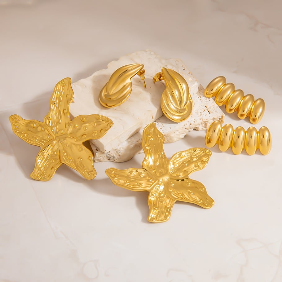 Orecchini a bottone geometrici da donna in acciaio inossidabile color oro con pietra naturale Immagine3