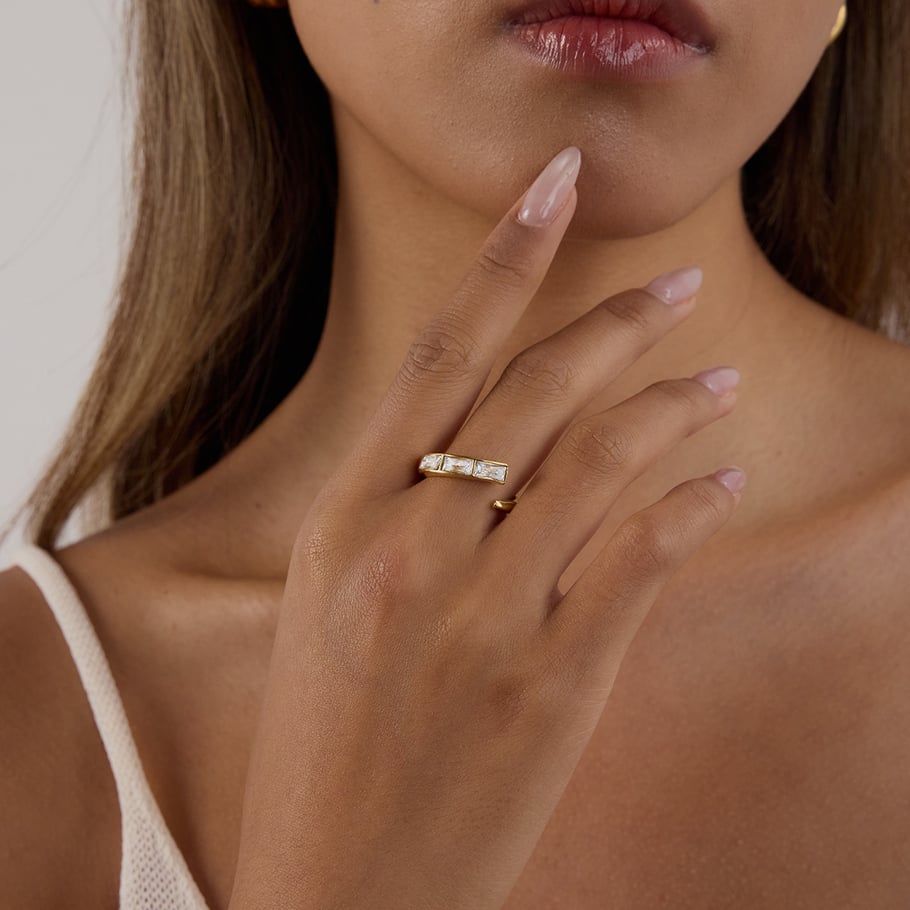 Bague géométrique rétro en acier inoxydable couleur or pour femme, 1 pièce, avec pierres précieuses Image4