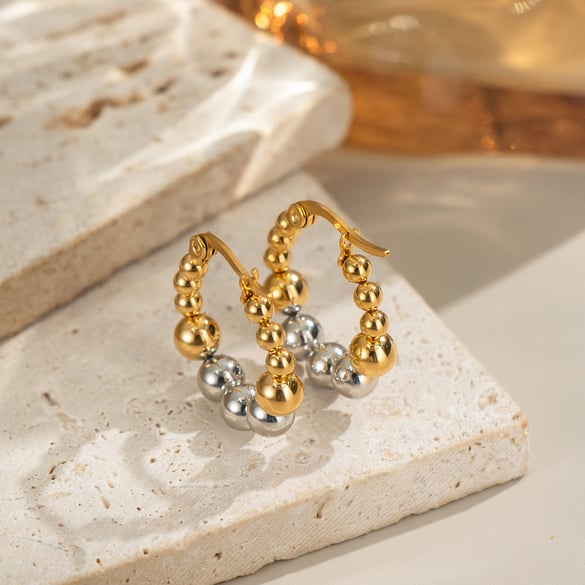 1 Pair Stainless Steel Mixed Color Beaded Hoop Earrings 2
