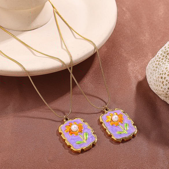 1 Piece Enamel Flower Stainless Steel Gold Color Pendant Necklace
