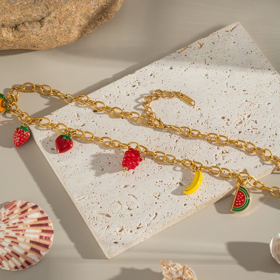 1 pezzo di collana con ciondolo in acciaio inossidabile color oro con frutta dolce Immagine3